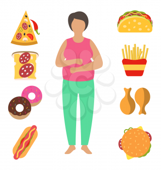 Fat Woman. Problem with Excess Weight Due to Wrong Diet. Fast Food Obesity - Illustration Vector