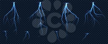 Realistic lightnings zig zag on checkered transparent background. Thunderstorm strike, electric shock. Vector illustration.