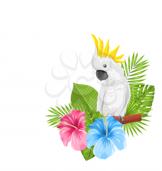 Parrot White Cockatoo with Colorful Exotic Flowers Blossom and Tropical Leaves, Isolated on White Background - Illustration Vector
