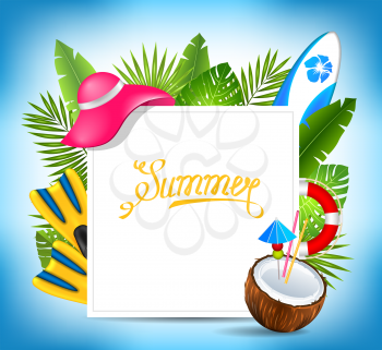 Tropical Exotic Design Card with Beach Accessories, Summer Time Template - Illustration Vector