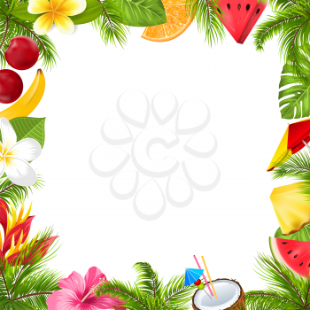 Summer Fruits Poster with Hibiscus, Frangipani Flowers, Watermelon, Pineapple, Banana, Palm Leaves, Coconut Cocktail, Orange- Illustration Vector