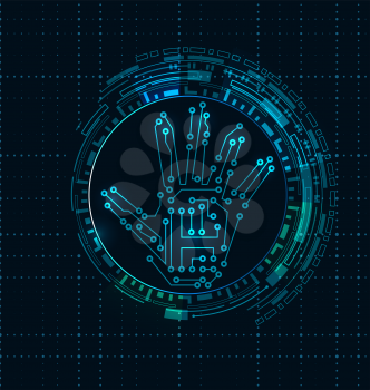 Abstract Hand with Scan, Electronic Technology Background, Circuit Lines, Hud Elements - Illustration Vector