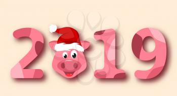 Christmas Pig Portrait in Santa Hat, Symbol Chinese New Year 2019 - Illustration Vector