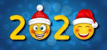 Happy New Year 2020 with Funny Emoticons in Santa Claus Hats - Illustration Vector