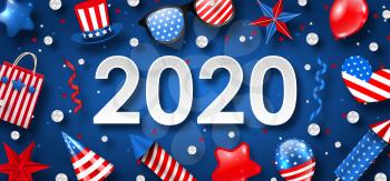 New Year 2020 with National Colors of USA American Flag. Celebration Banner - Illustration Vector