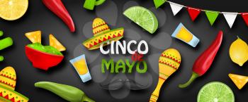 Cinco de Mayo - May 5, Holiday in Mexico. Mexican Banner with National Symbols - Illustration Vector
