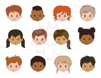Set Children Faces of Different Races, Multicultural Kids Heads - Illustration Vector