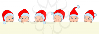 Set Christmas Children, Babies in Santa Hats. Boys and Girls with Clean Note - Illustration Vector