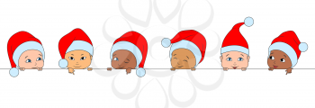Set Christmas Funny Children of Different Races, Babies in Santa Hats - Illustration Vector