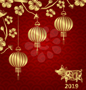 Happy Oriental Card for Chinese New Year 2019, Lanterns, Sakura Blossom Flowers and Golden Pig - Illustration Vector