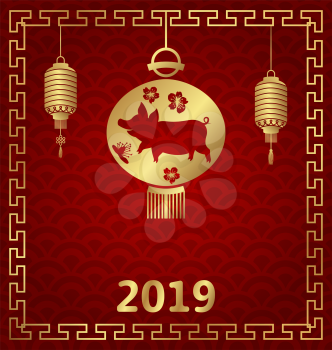 Chinese Background for Happy New Year 2019 Zodiac with Pig Sign - Illustration Vector