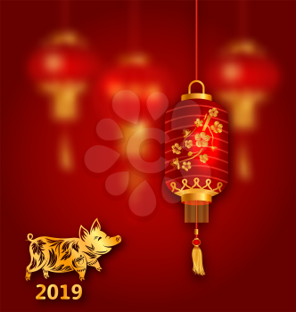 Happy Oriental Card for Chinese New Year 2019, Lantern and Golden Pig - Illustration Vector