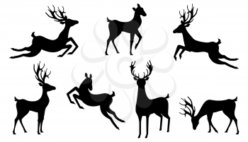Set Silhouettes Deers Isolated. Jumping and Running Reindeers, Stags - Illustration Vector