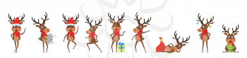Set Funny Deers, Christmas Reindeers, Cheerful Cartoons in Santa Hats with Gifts - Illustration Vector