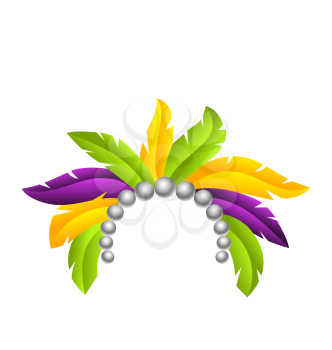 Mardi Gras Feather Headband, Headdress with Pearls, Headpiece Carnaval, Festival Headwear - Illustration Vector