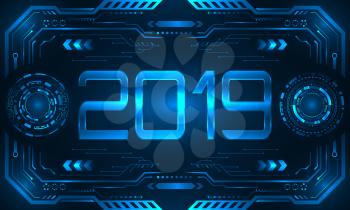 HUD UI Futuristic Frame with Text 2019, Happy New Year. Virtual Background - Illustration Vector