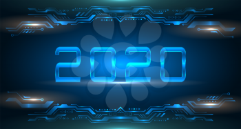 Happy New 2020 Year. Futuristic Glowing Frame. Future Technology Template - Illustration Vector