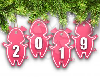 Shimmering Light Wallpaper with Fir Branches and Stickers Pigs for Happy New Year 2019 - Illustration Vector