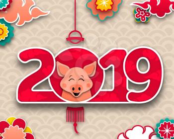 Happy Chinese New Year 2019 Zodiac Sign Pig, Traditional Asian Background - Illustration Vector