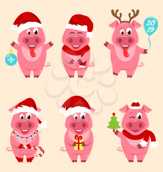 Christmas Cartoon Pigs Portrait in Santa's Hat and with Ball, Balloon, Gift Box - Illustration Vector