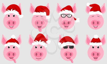 Funny Pigs in Santa Hats, Chinese Symbol New Year - Vector