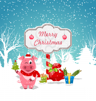 Funny Pig Wearing Santa Hat with Christmas Gift Boxes. Winter Nature Snowing Decoration - Illustration Vector