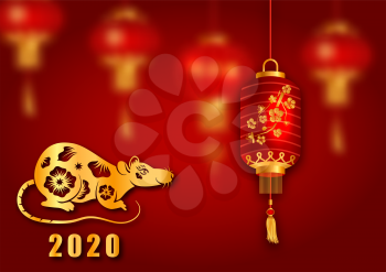 Happy Chinese New Year 2020 Card with Golden Rat Zodiac - Illustration Vector