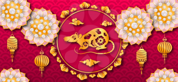 Happy Chinese New Year Card with Golden Rat Zodiac, Lantern, Flower - Illustration Vector