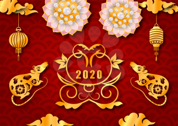 Happy Chinese New Year 2020 with Golden Rat Symbol, Asian Elements - Illustration Vector