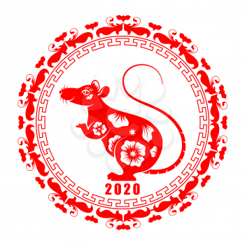 Happy Chinese New Year 2020, Rat Zodiak Symbol. Ornate Flral Elements - Illustration Vector