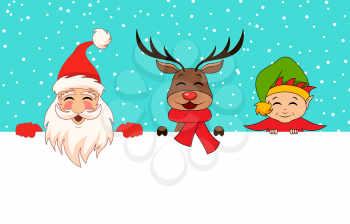 Funny Santa Claus, Christmas Deer, Elf. Cartoon Characters Friends with Clean Sheet - Illustration Vector