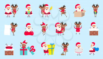 Set Santa Clauses and Deers. Christmas Cartoon Happy Characters - Illustration Vector
