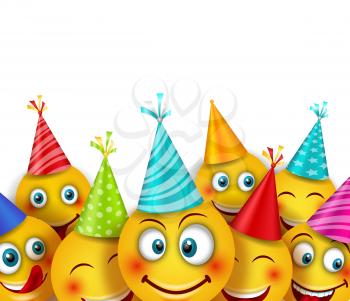 Party Background with Set Smile Emoji Characters. Emotion, Emoticon - Illustration Vector