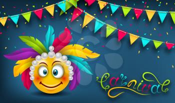 Happy Carnival Festive Banner, Smile Emoji, Lettering Text - Illustration Vector