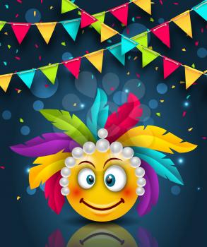 Happy Carnival Festive Banner, Smile Emoji with Headdress - Illustration Vector