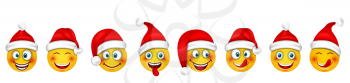 Set Christmas Happy Cheerful Emoticons in Santa Hat - Illustration Vector