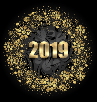 Lighten Round Frame with Golden Snowflakes on Black Background for Happy New Year 2019 - Illustration Vector