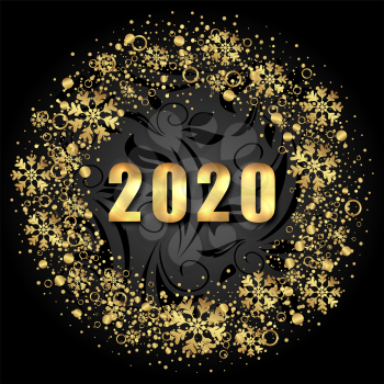 2020 Text, Golden Shimmer Design with Light Snowflakes for Happy New Year - Illustration Vector