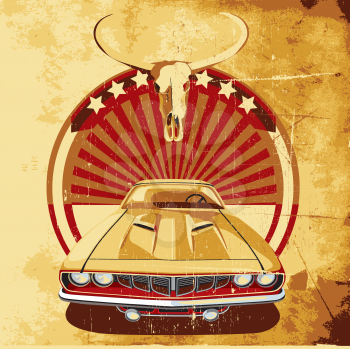 Royalty Free Clipart Image of a Western Background With Steer Skull and Car