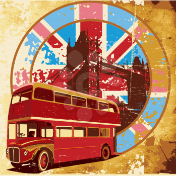 Royalty Free Clipart Image of a Double Decker Bus on a Worn English Background