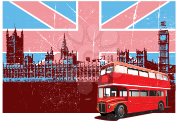 Royalty Free Clipart Image of a Double Decker Bus on an English Grunge Background