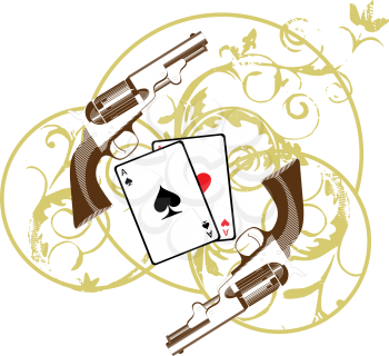Royalty Free Clipart Image of a Vignette With Cards and Guns