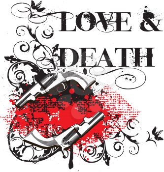 Royalty Free Clipart Image of a Background With Guns and the Words Love and Death