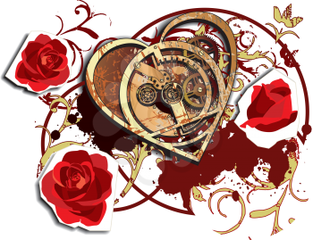 Royalty Free Clipart Image of a Mechanical Heart and Roses