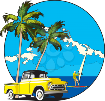 Royalty Free Clipart Image of a Truck on a Tropical Scene