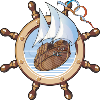 Royalty Free Clipart Image of a Ship on a Steering Wheel