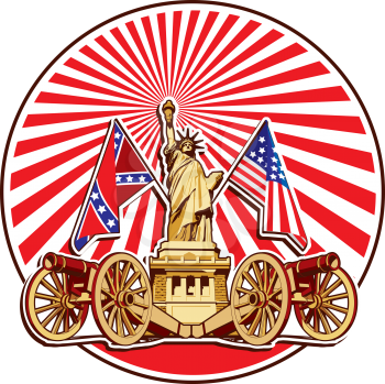 Royalty Free Clipart Image of a Statute of Liberty With The American and Confederate Flag