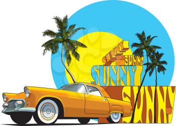 Royalty Free Clipart Image of an Old Car on a Tropical Scene