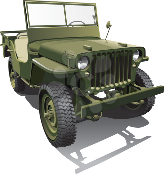 Detailed vector image of old army jeep - workhorse of the Allied forces in World War II, isolated on white background. File contains gradients and transparency (windshield). No blends and strokes.