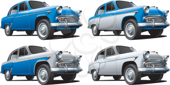 Detailed image of vintage car isolated on white background, executed in four color variants. File contains gradients. No blends and strokes.